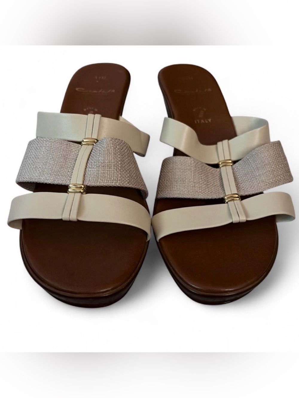 Neutral Cream Slide Sandals with Gold Accent - Women's Casual Leather Slides